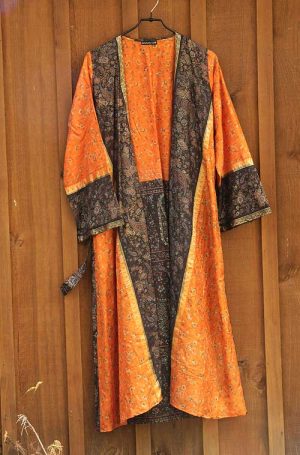 Kimono Soie flower orange et noir